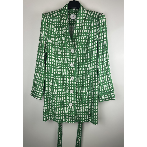 CABI Circuit Jacket Linen Blend Kelly Green & White Belted Size Large Style 6025 - Picture 2 of 16